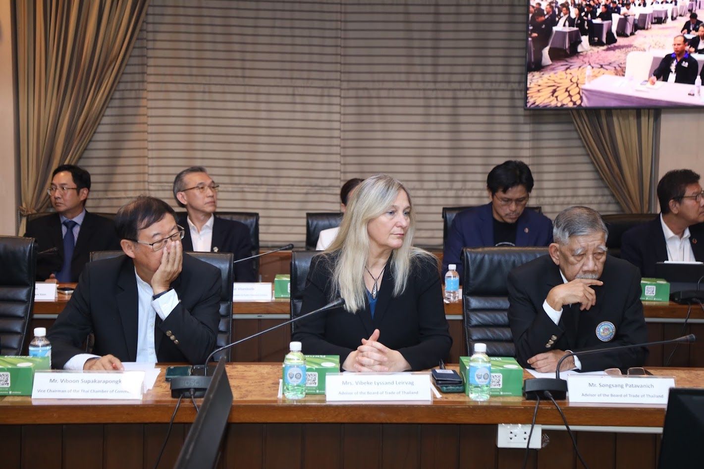 Group of professionals attending a meeting at a conference table with a screen.