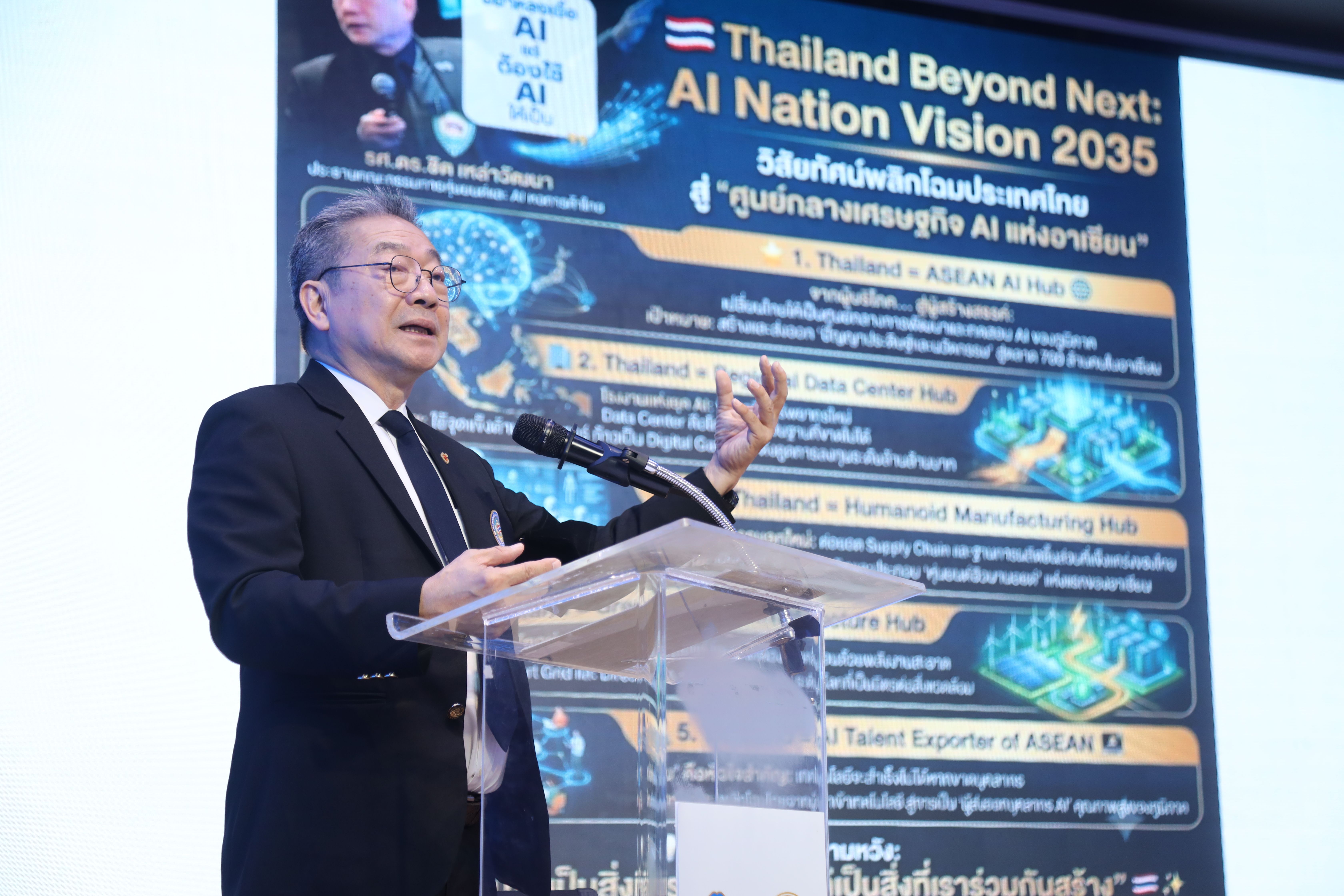 Man in suit speaks at a podium with a screen displaying "AI Nation Vision 2035".