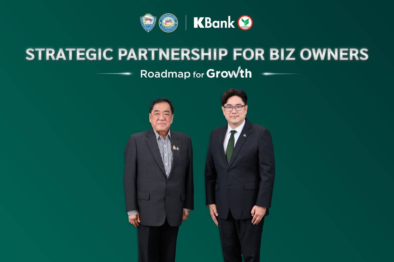 Two men in suits stand beneath 'Strategic Partnership for Biz Owners' and 'Roadmap for Growth' text.