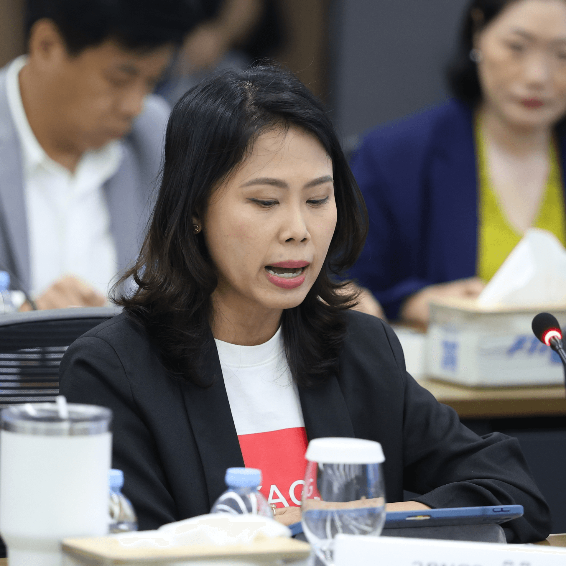 Woman with dark hair speaks at a conference table, wearing a black blazer.