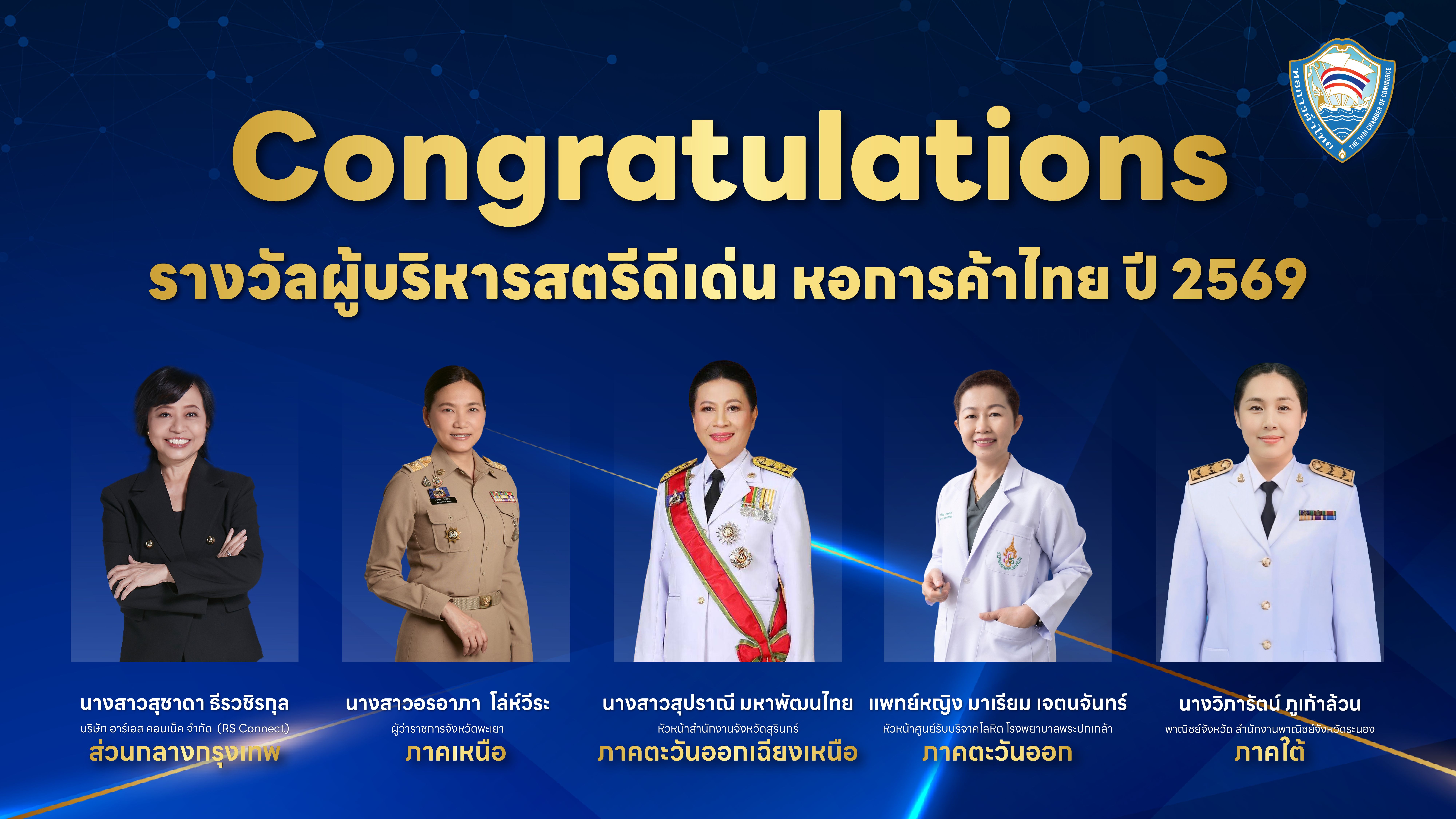 Five professional women awarded for outstanding administration, with 'Congratulations' and Thai text.