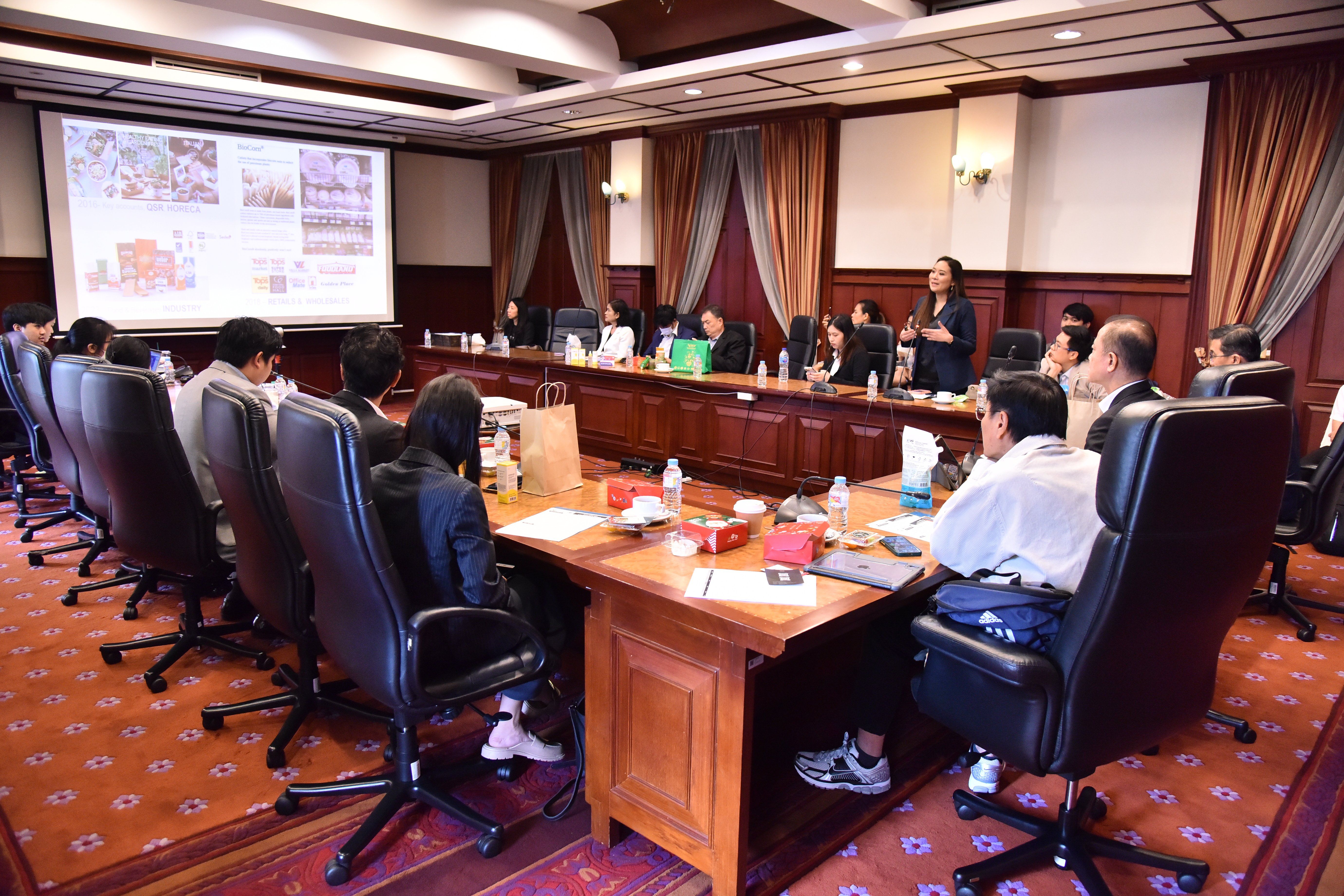 A presenter addresses a group of professionals seated around a large boardroom table.