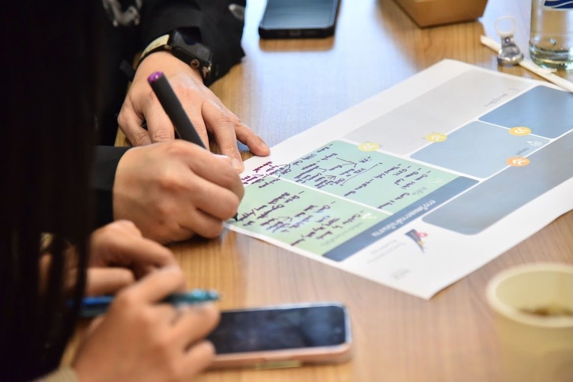 Two people's hands writing on a strategic planning document with markers at a wooden table.