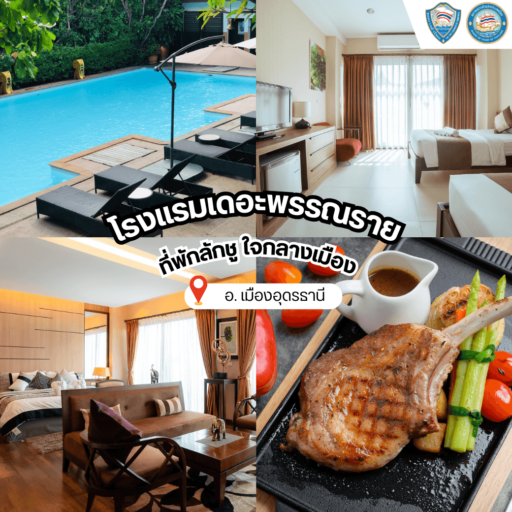 The Pannarai Hotel collage: pool, modern rooms, dining, and Udon Thani location.