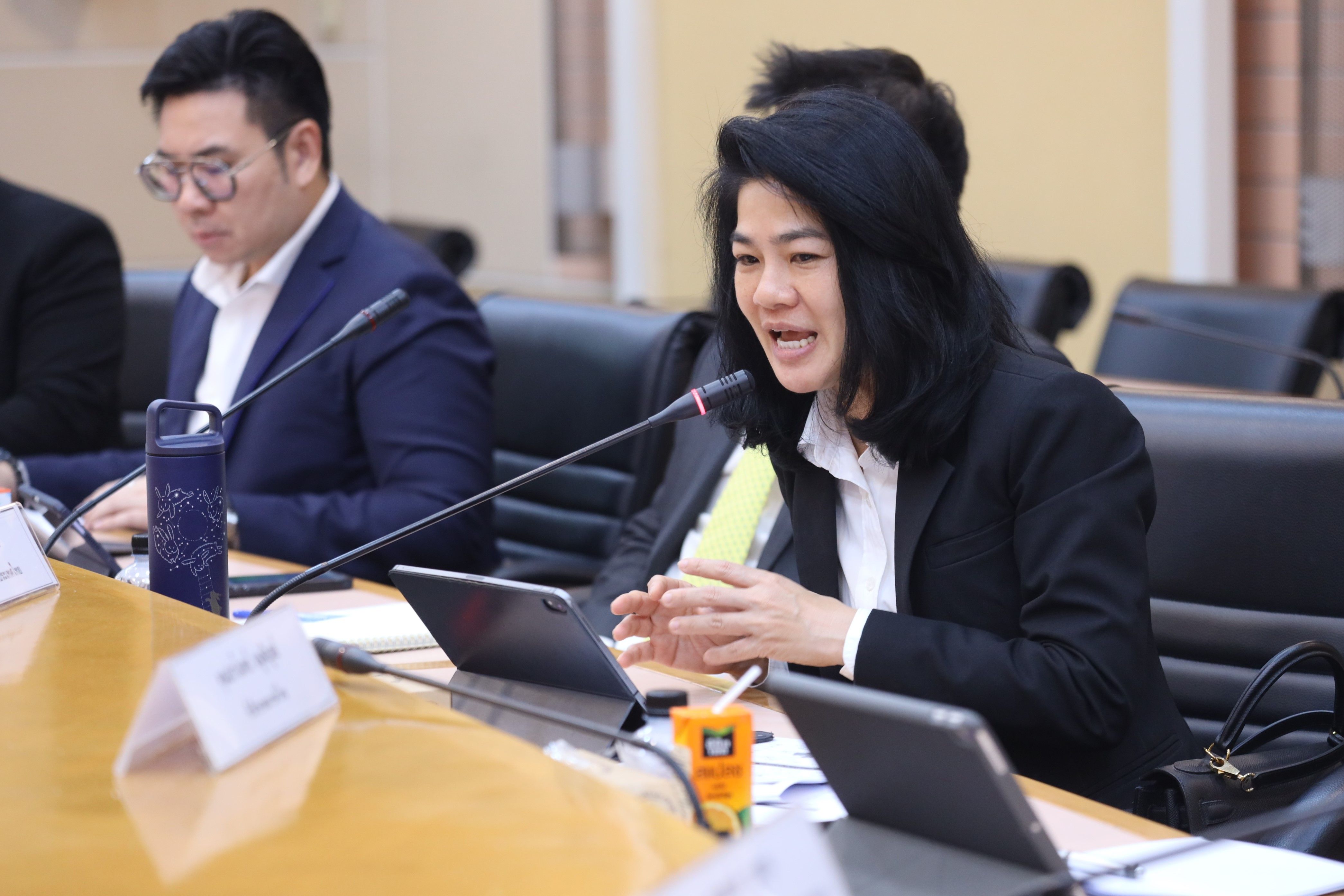 A woman in a black suit speaks passionately into a microphone at a conference table.