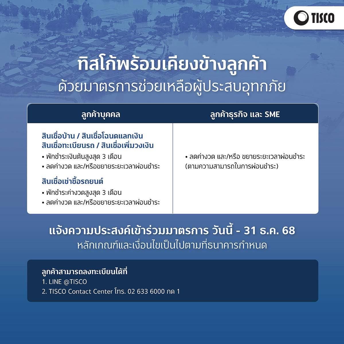 TISCO announces flood relief measures for customers, starting August 21, 2022.