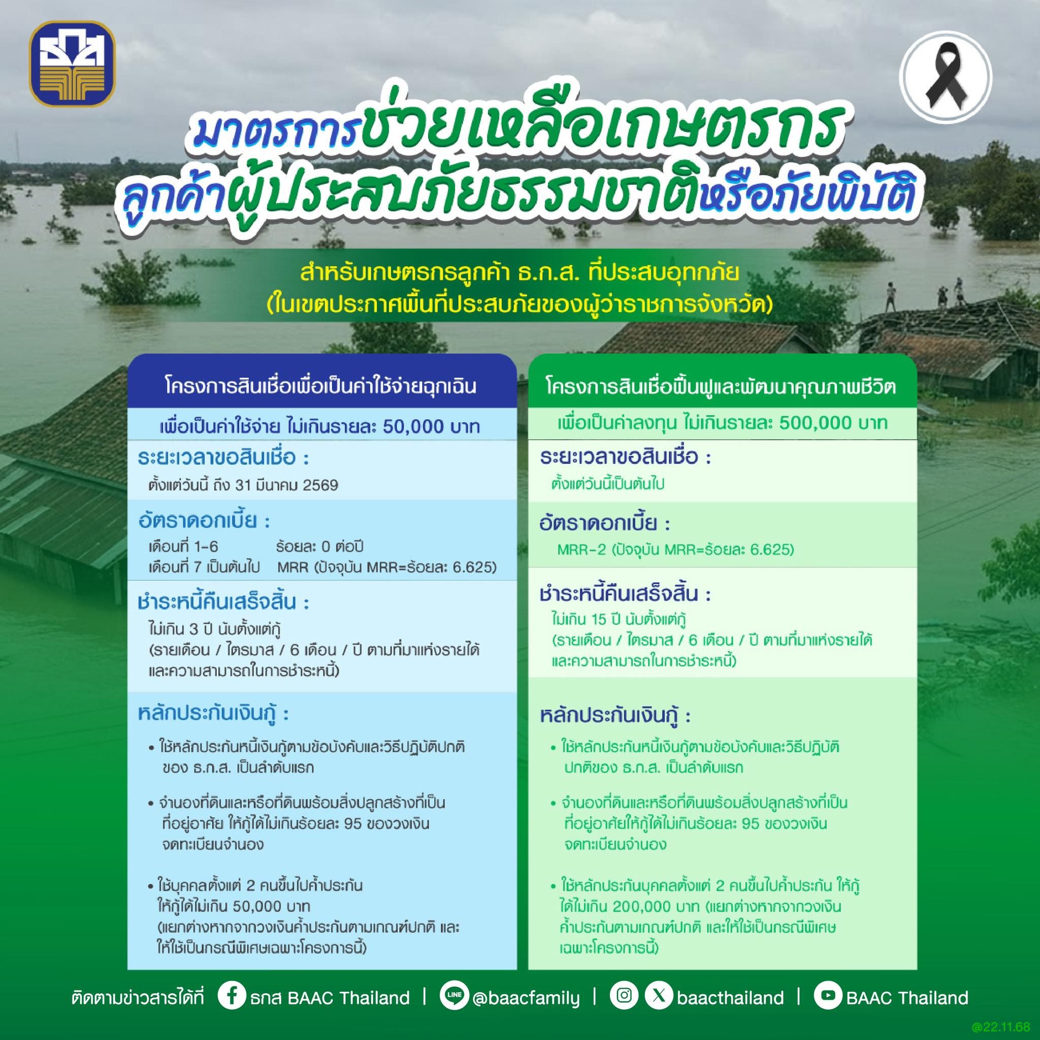 Thai infographic detailing disaster relief measures for farmers in a flooded rural area.