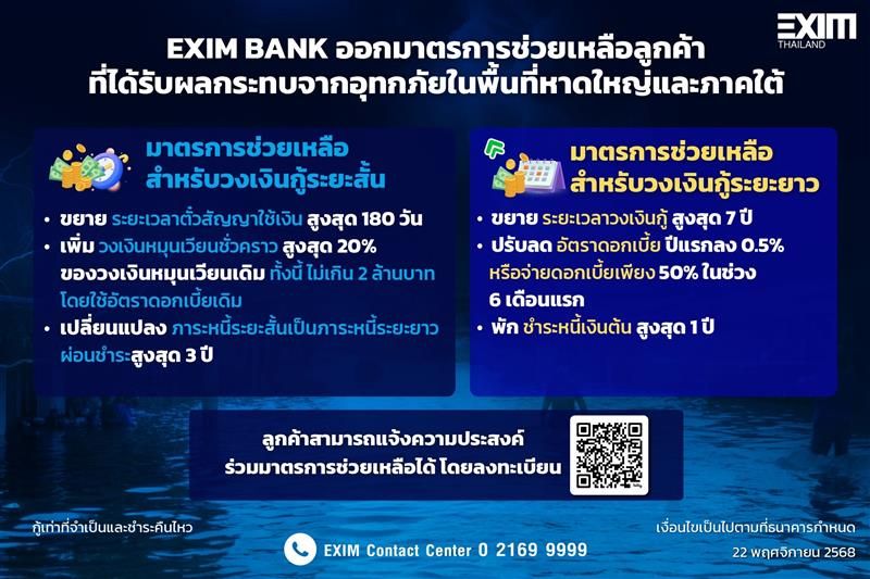 EXIM Bank graphic detailing flood relief measures for small and short-term loan customers in Thailand.