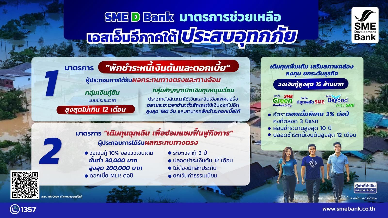 SME D Bank graphic announcing assistance for Southern SMEs affected by flooding in Thailand.