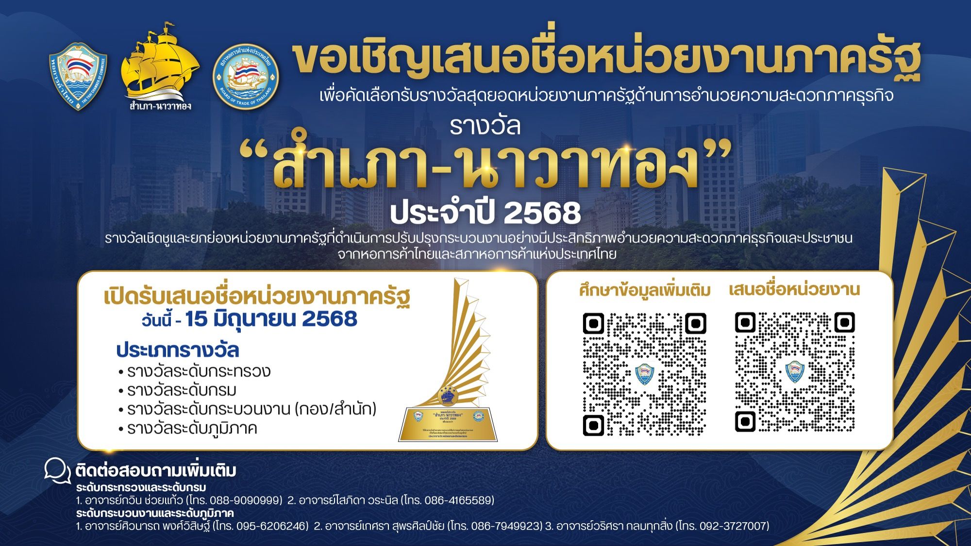 ขอเชิญร่วมเสนอรายชื่อหน่วยงานภาครัฐเพื่อคัดเลือกเข้ารับ รางวัล "สำเภา-นาวาทอง" ประจำปี 2568