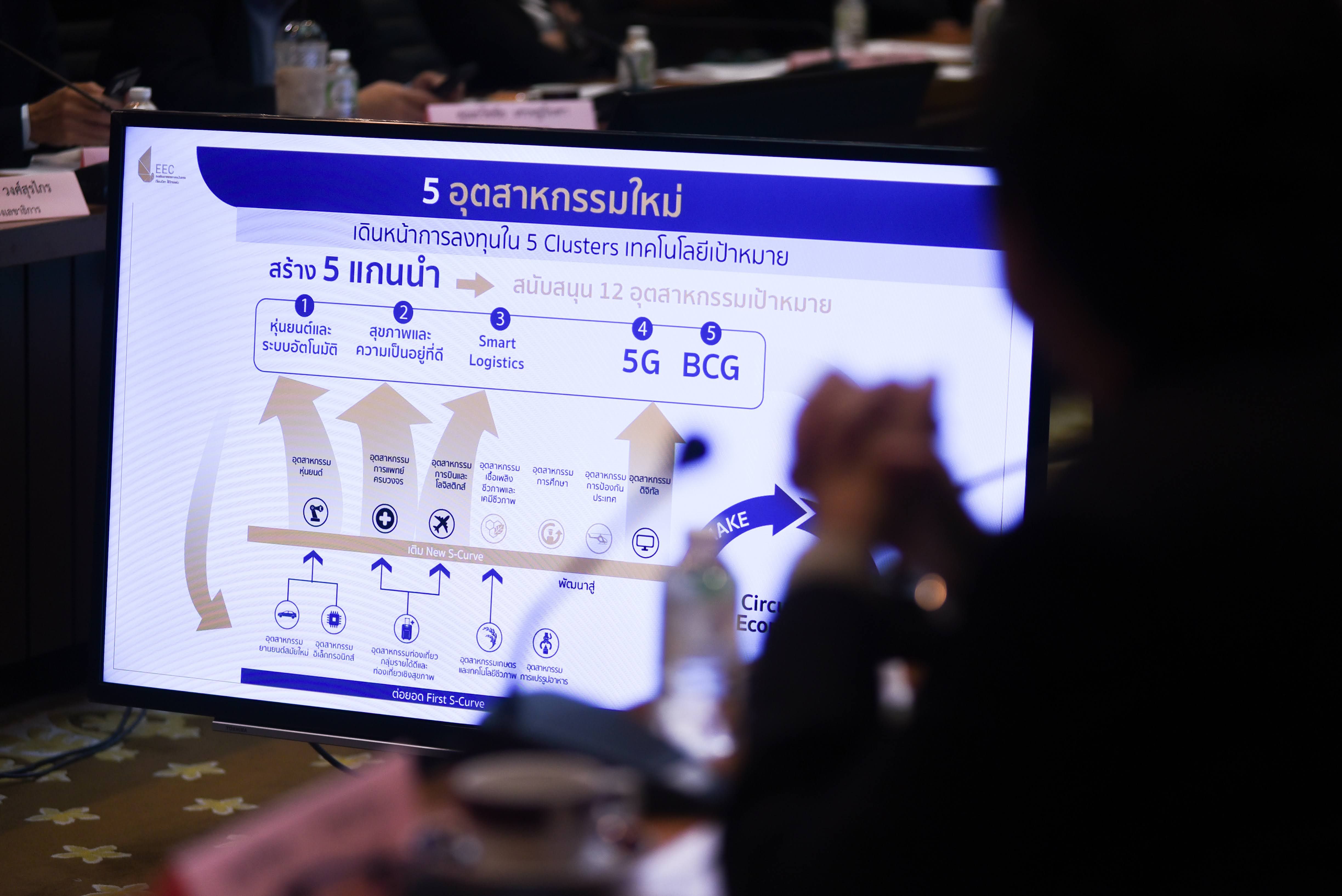 Presentation slide on screen displays a Thai diagram about 5 new industries, including 5G and BCG.