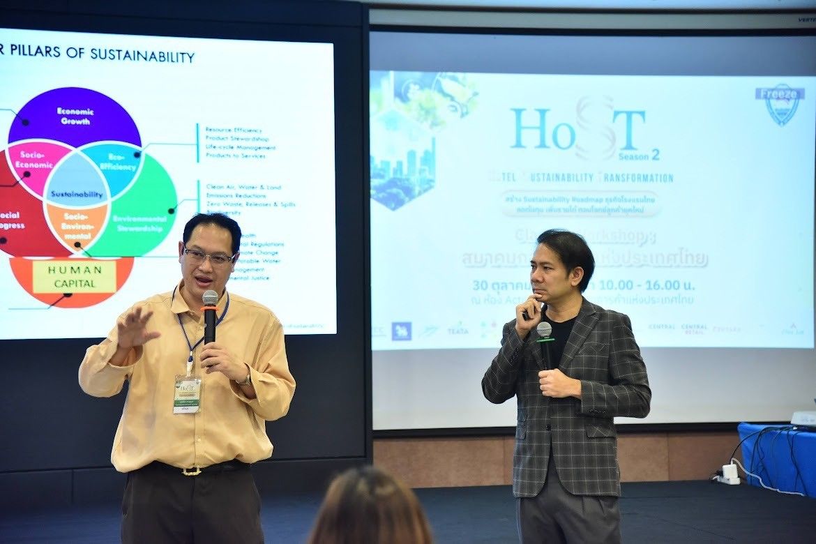 Two men present at a conference, with screens displaying sustainability pillars and event information.