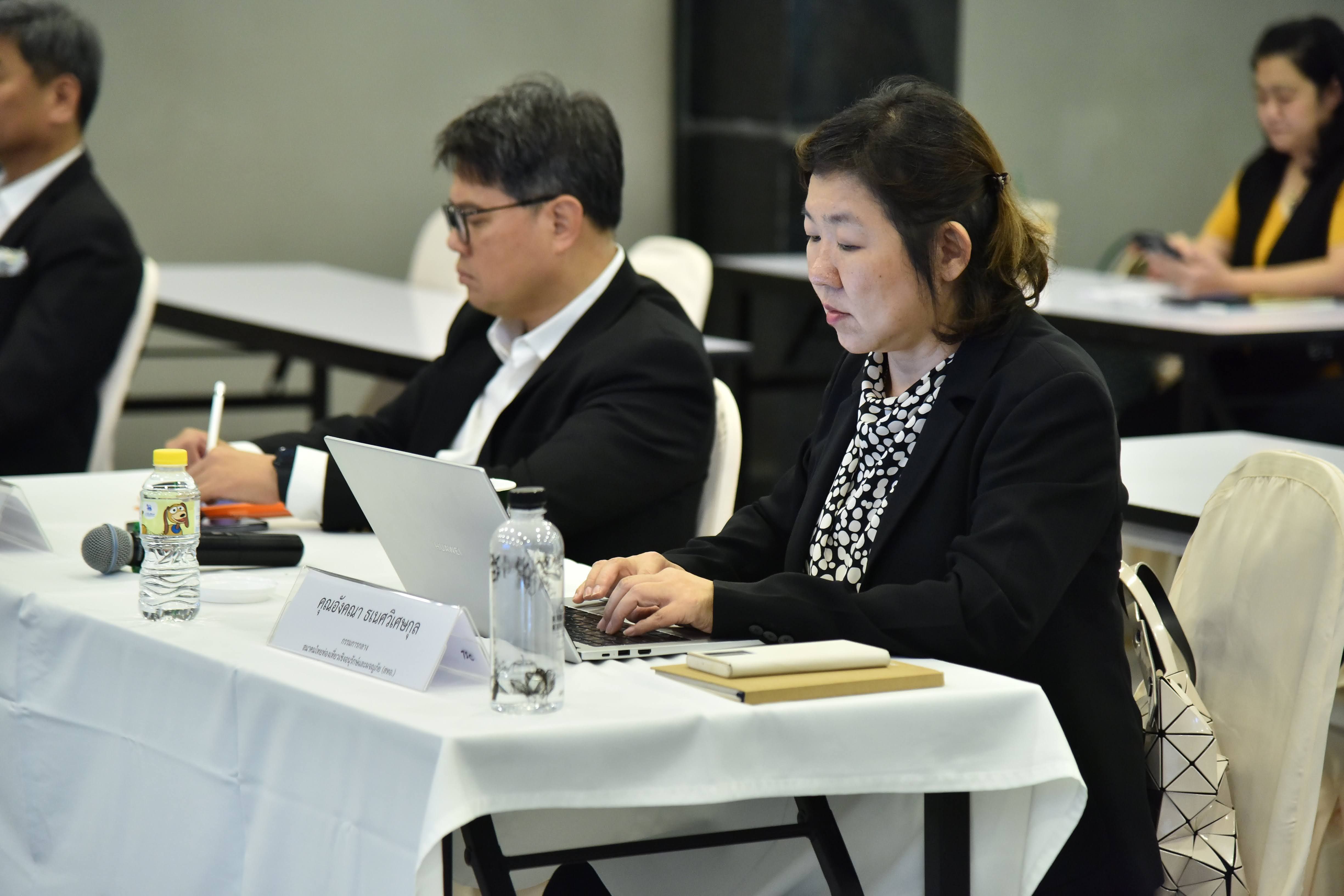 Professional woman and man focused on laptops during a business meeting.