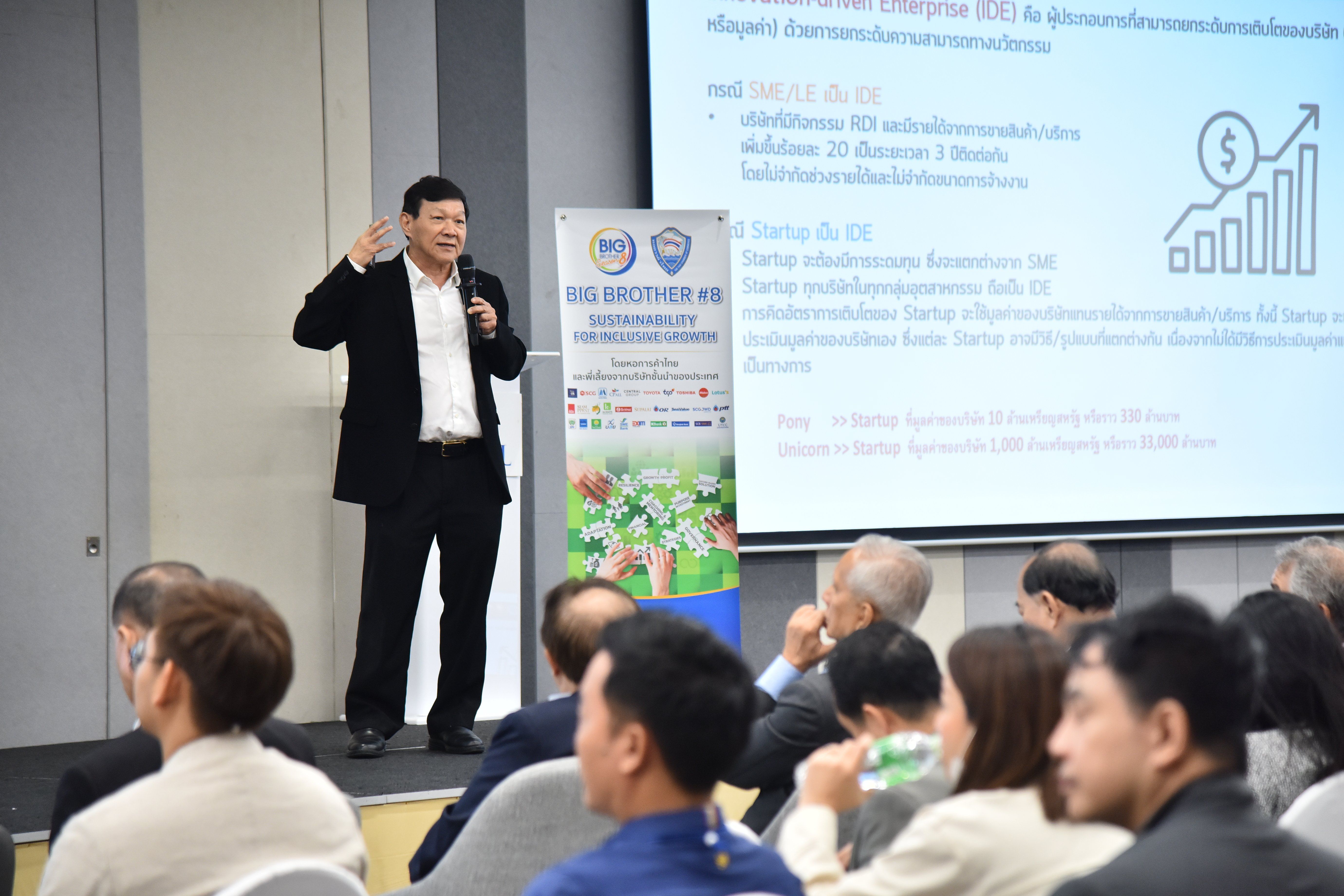 A man in a suit presents to an audience with a screen displaying a growth chart behind him.