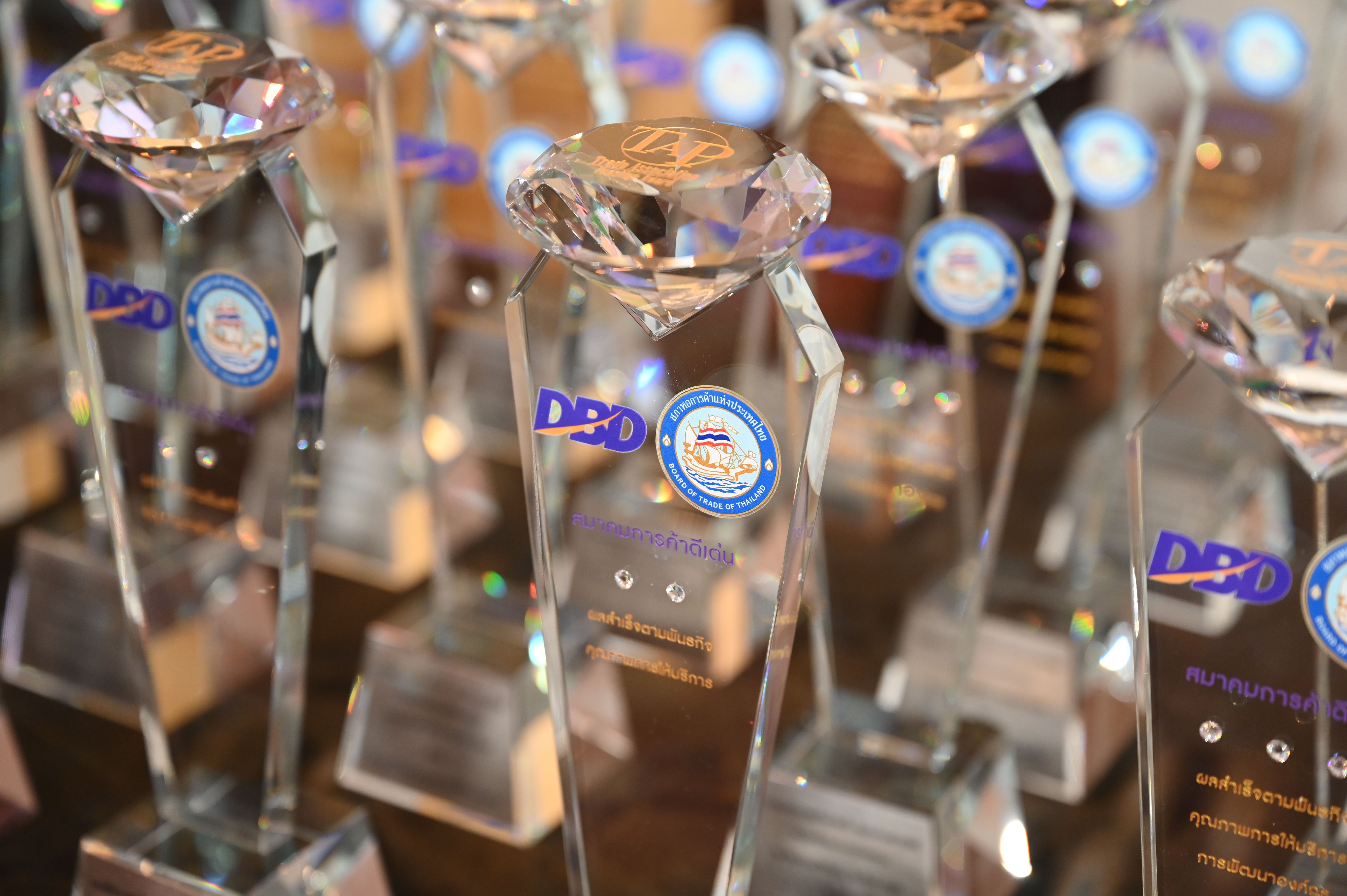 Multiple crystal trophies with diamond tops and DSD logos are displayed.