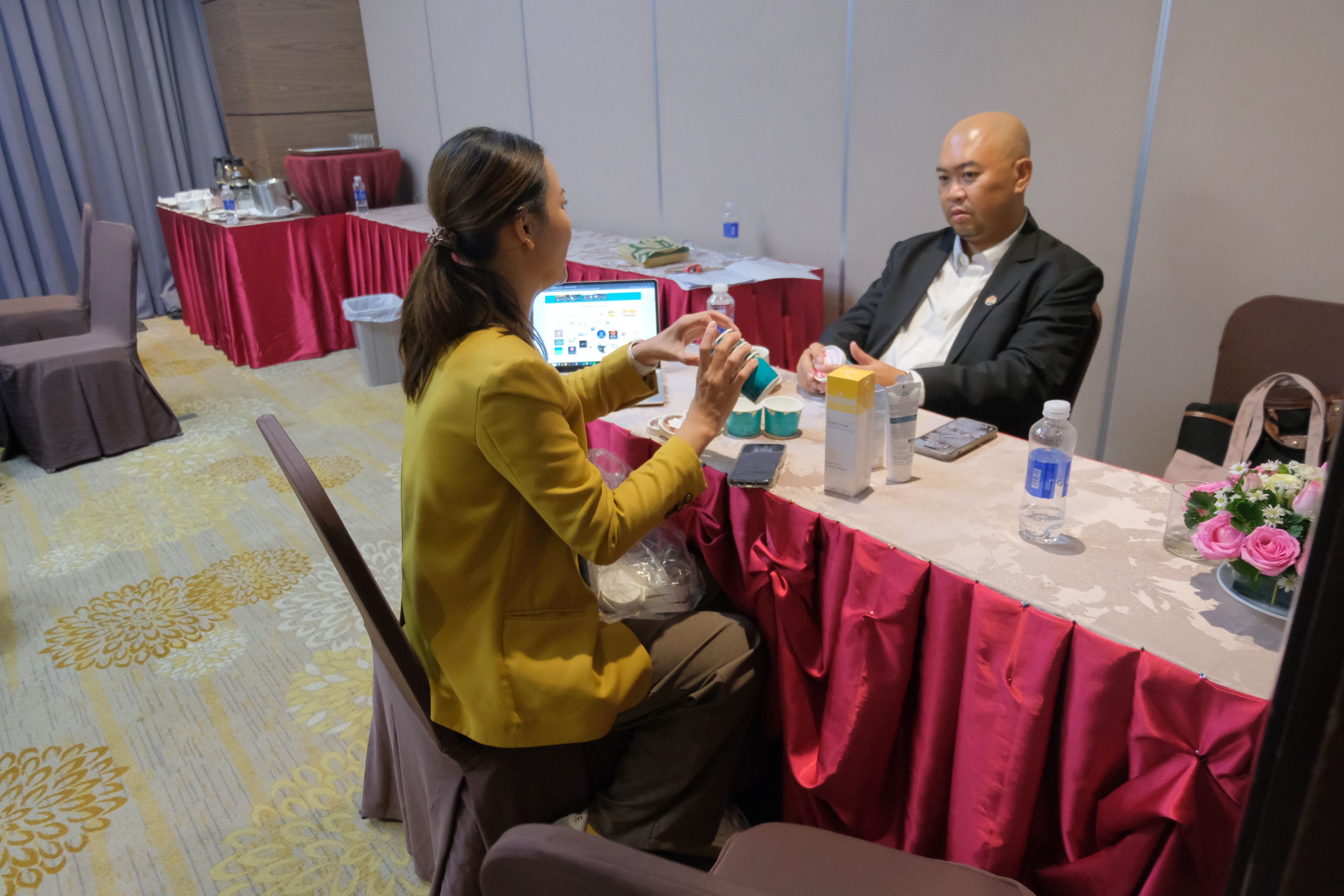 Two professionals discussing at a table with a laptop in a well-lit meeting room.