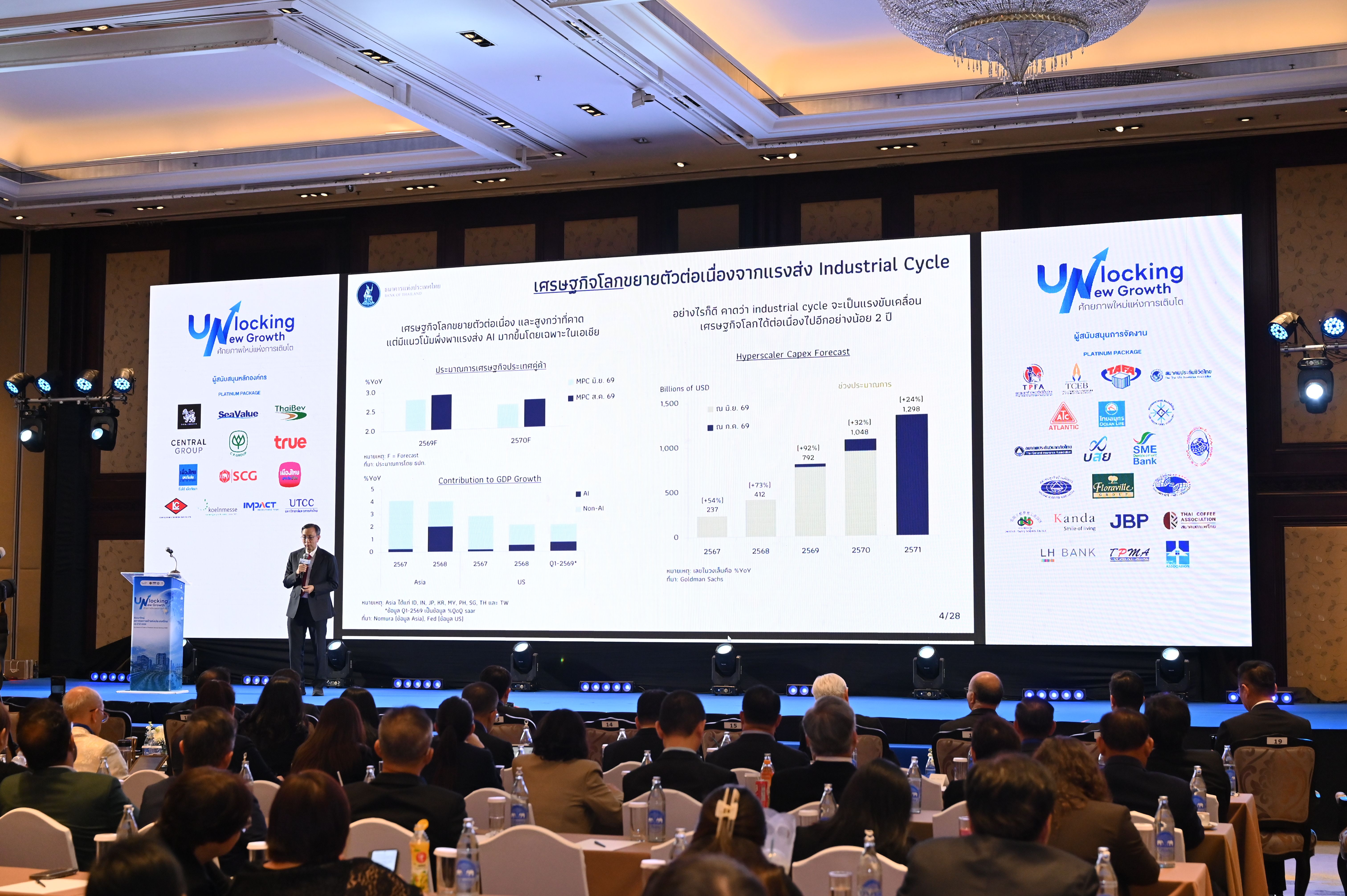 Speaker presents "Unlocking Thailand's Future" data on a large screen to a conference audience.