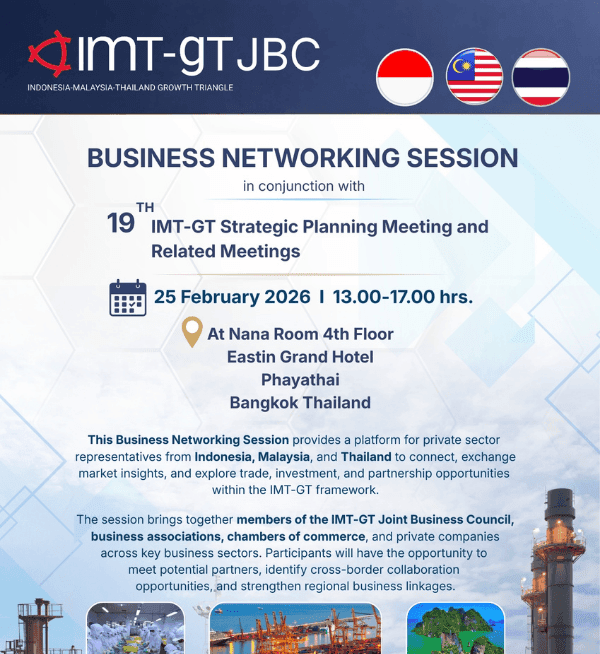 สภาหอการค้าแห่งประเทศไทย ผนึกกำลัง กกร. และสภาธุรกิจ IMT-GT ขอเชิญผู้ประกอบการไทยเข้าร่วมงาน "IMT-GT JBC Business Networking" เวทีเจรจาธุรกิจกับคู่ค้าจากอินโดนีเซียและมาเลเซีย แลกเปลี่ยนเทรนด์ตลาดและขยายเครือข่าย ลงทะเบียนฟรี!