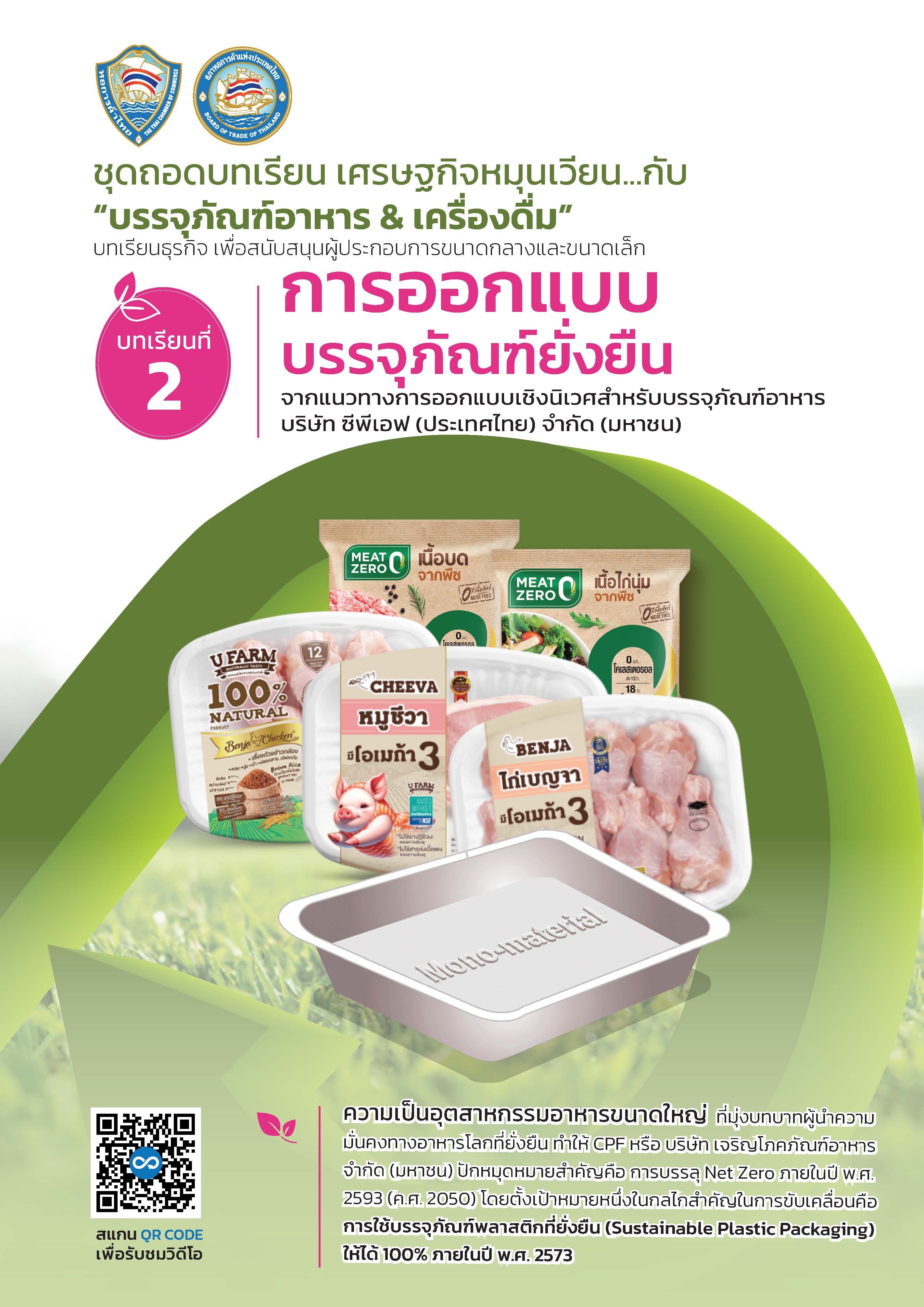Thai document on sustainable packaging design, featuring diverse food products like chicken and processed meals.