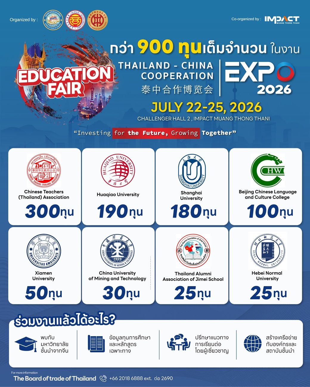 Thailand-China Education Fair poster promoting over 900 scholarships for July 22-25, 2026.
