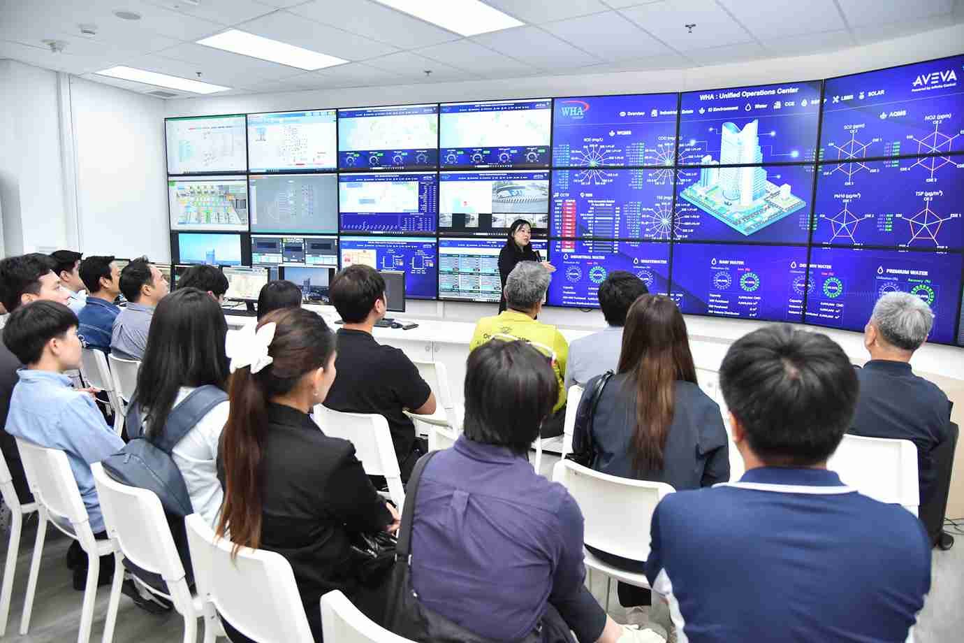 People attend a presentation in a high-tech control room with large data display screens.