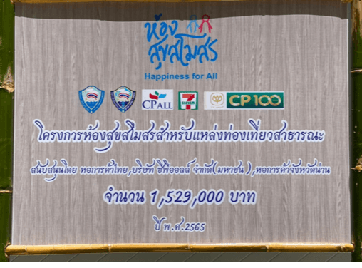Banner with Thai text, 'Happiness for All' slogan, and logos for CPALL, 7-Eleven, and CP100.