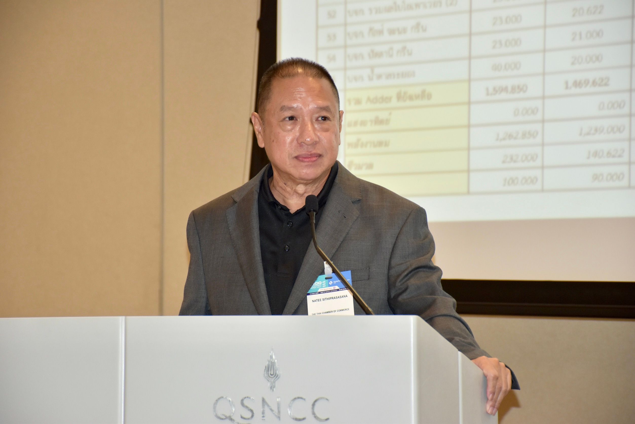 Older Asian man in a suit jacket speaking at a podium during a presentation.