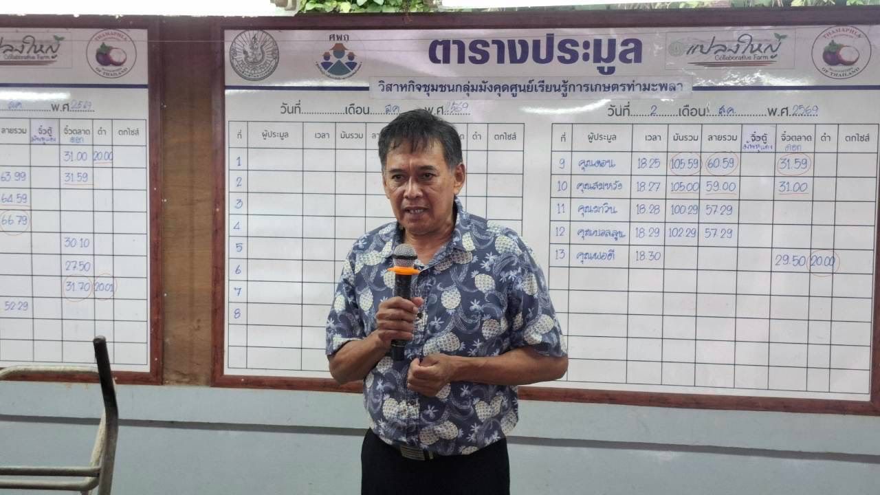Man speaks into microphone in front of two whiteboards with schedules.