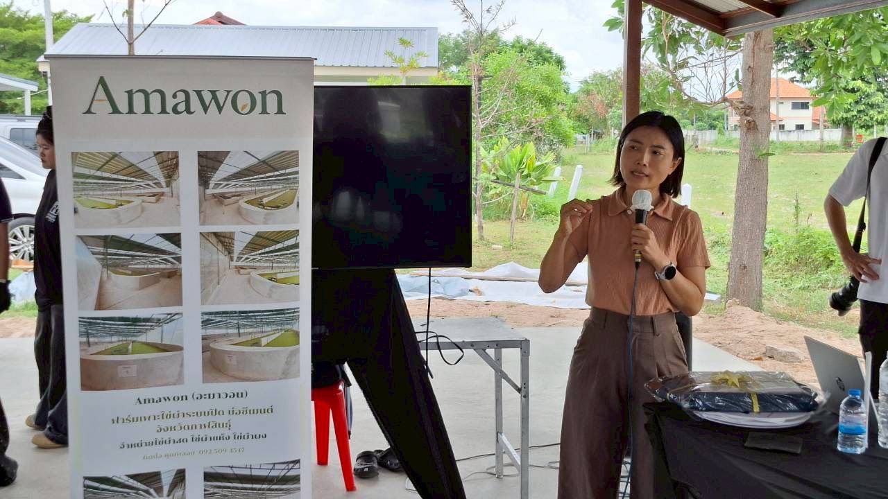 A woman presents with a microphone next to an 'Amawon' banner displaying food images.