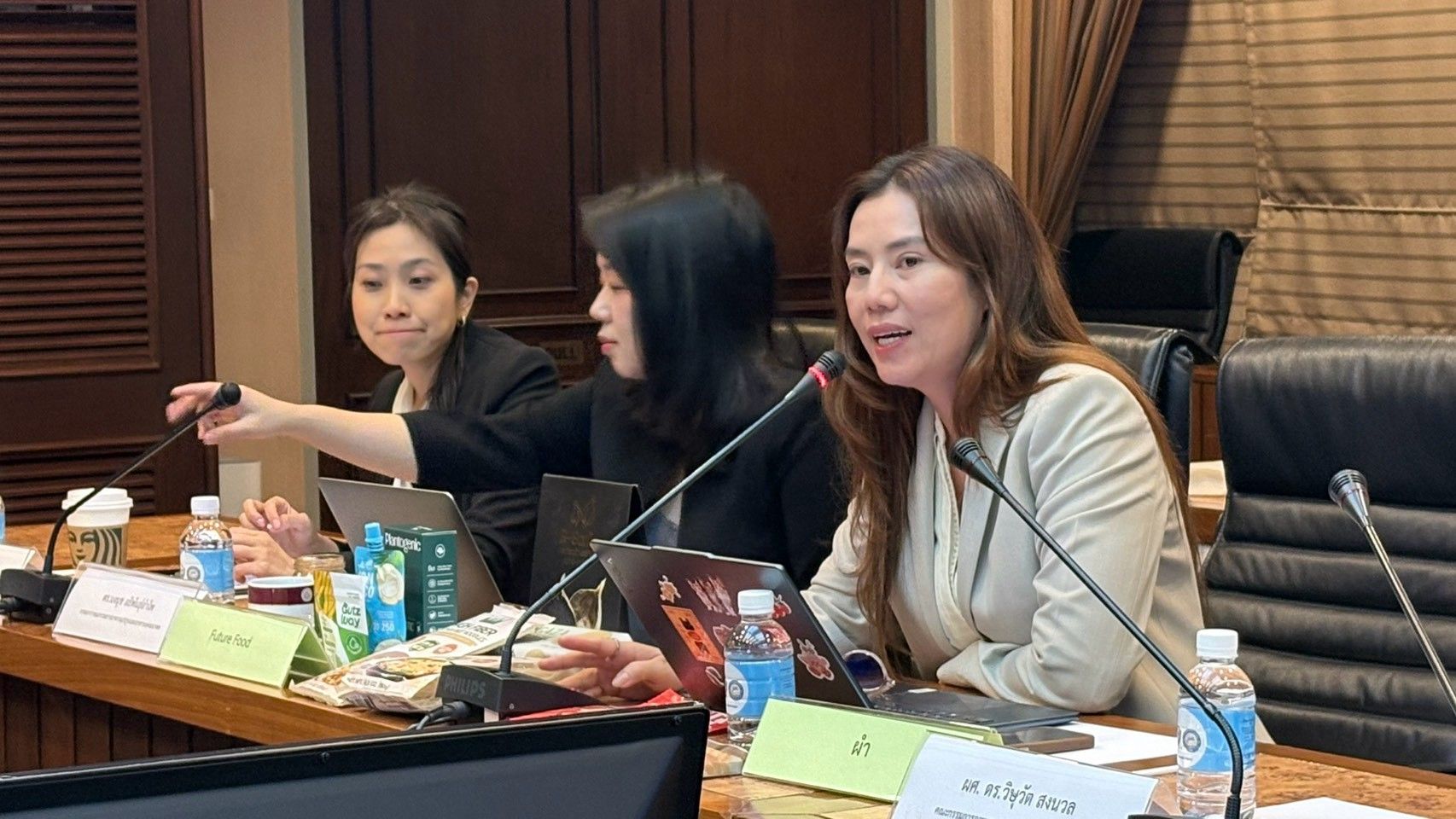 A woman speaks into a microphone at a professional meeting table with two other attendees.