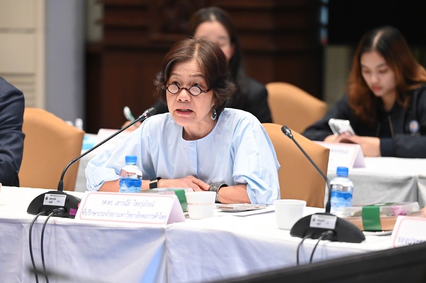 Middle-aged woman with glasses speaking into a microphone at a meeting table.