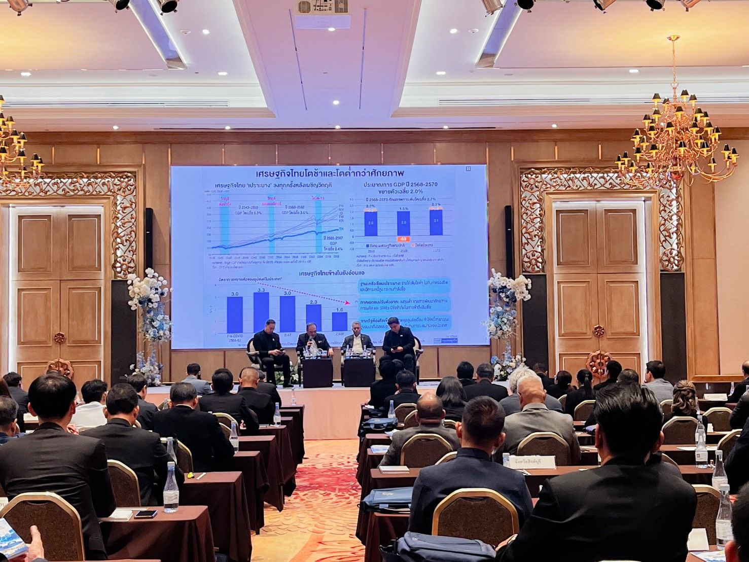 Panelists present financial data on a large screen to an audience at a business conference.