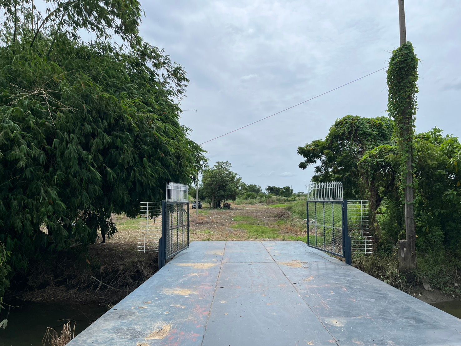 A metal bridge extends over a river, leading to an open grassy field surrounded by trees.