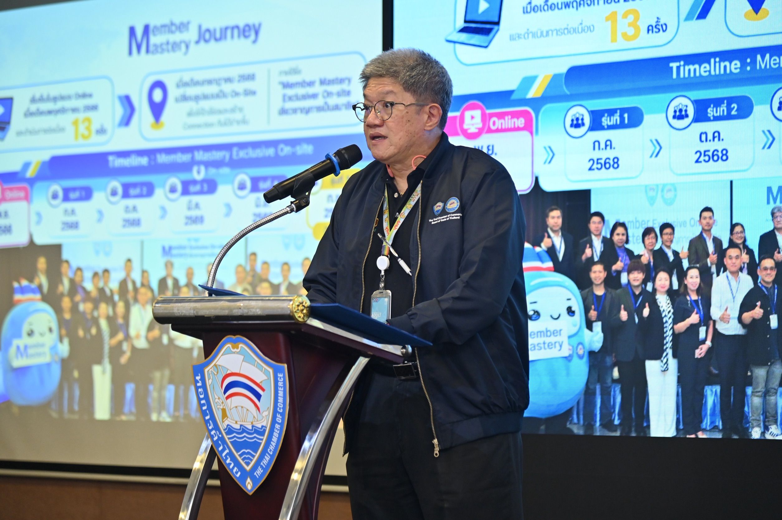 Speaker at a podium presents in front of a screen displaying a digital timeline.