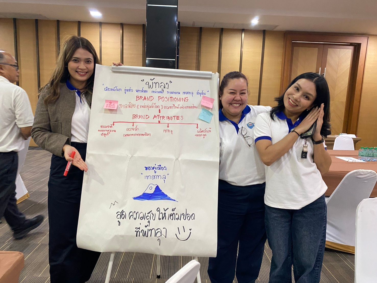 Three smiling women proudly displaying a whiteboard with a diagram.