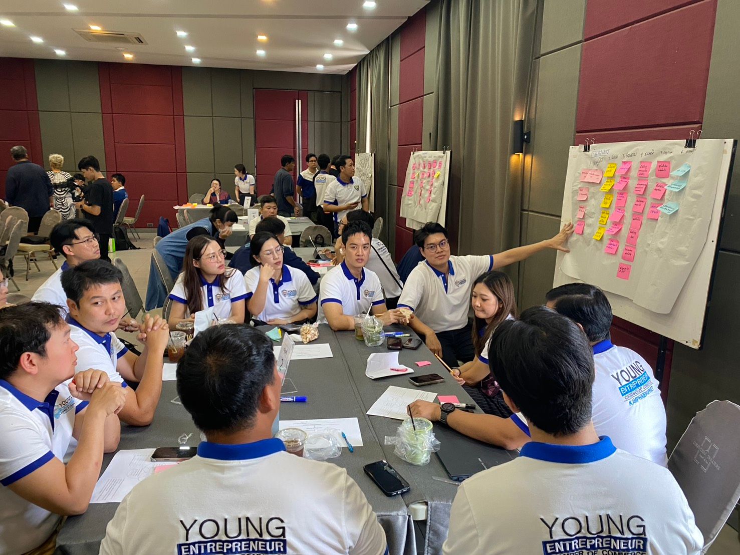 Young professionals brainstorm ideas around a table, one points at a board with sticky notes.