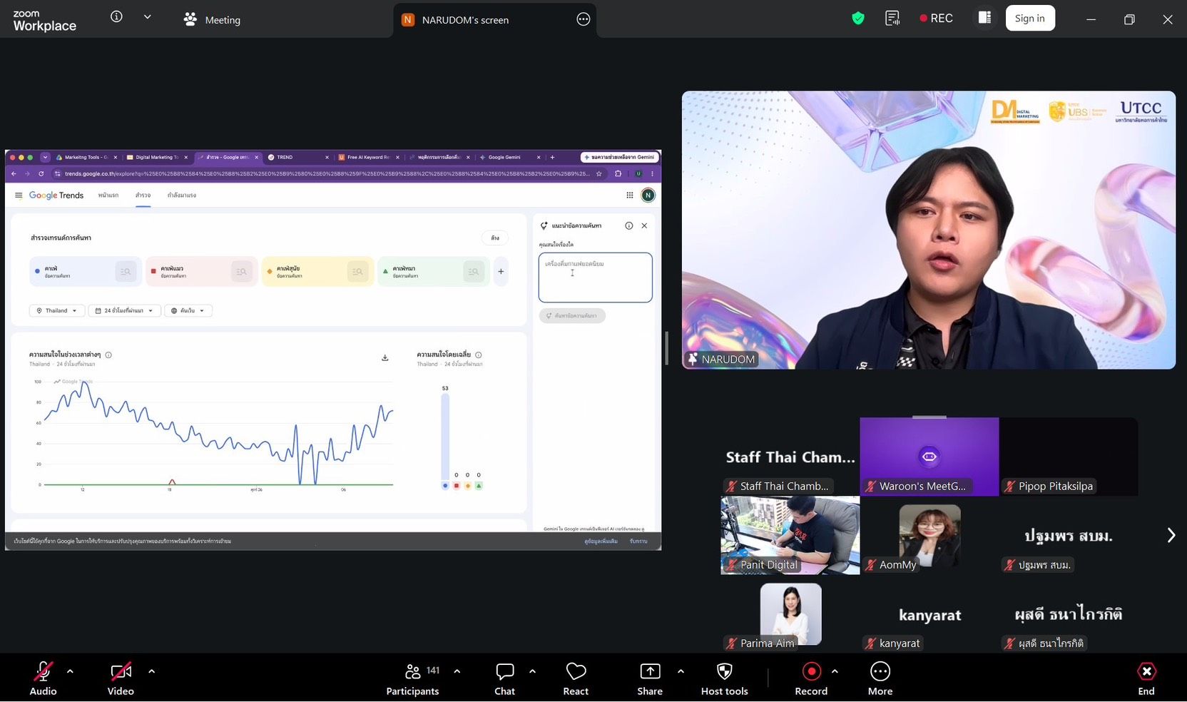 A video conference screen showing a presenter, a data dashboard, and participant thumbnails.