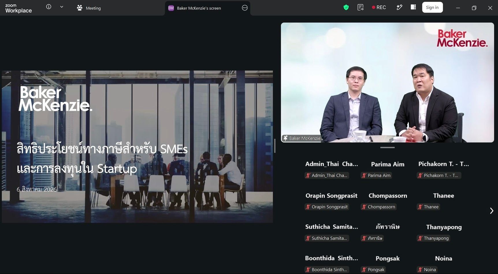 Two men present during an online Baker McKenzie event with a Thai presentation slide visible.