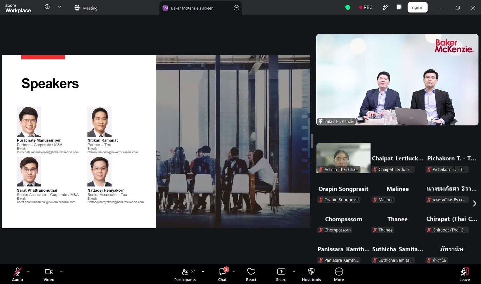 Video conference displaying a 'Speakers' slide and two presenters from Baker McKenzie.