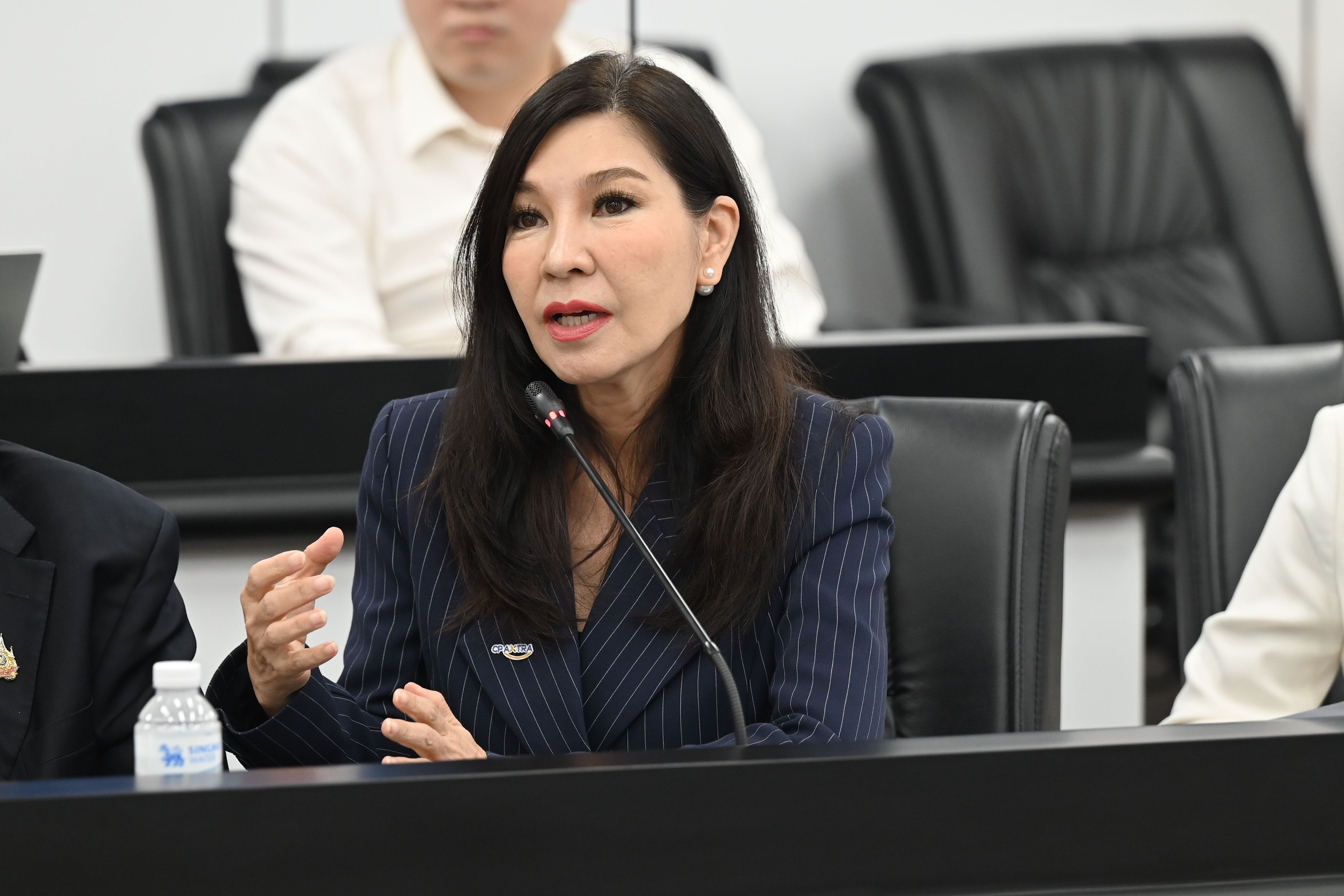 A woman in a pinstriped blazer speaks at a meeting, gesturing with her hand.