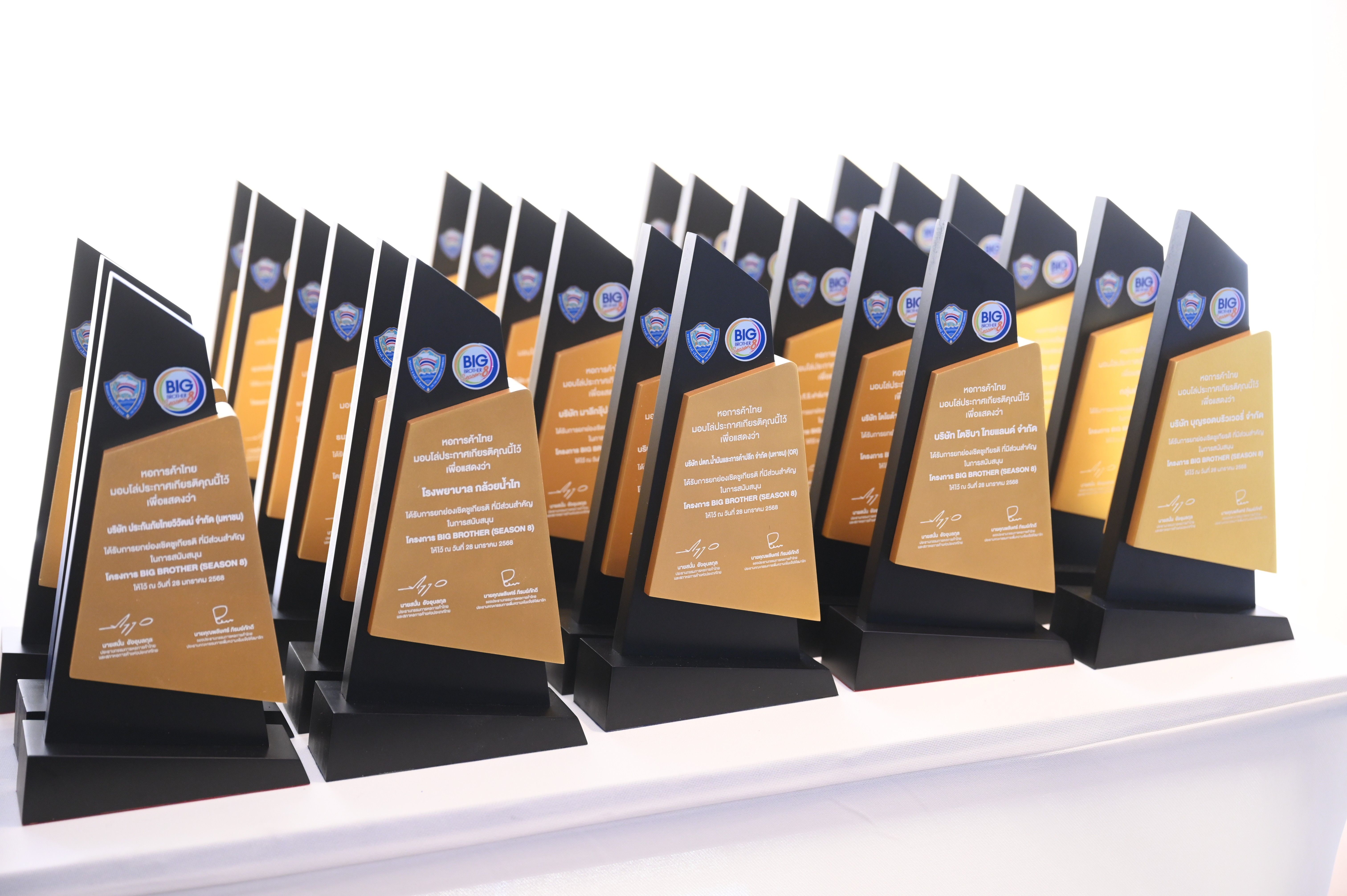 A row of black and gold triangular awards displayed on a white surface.