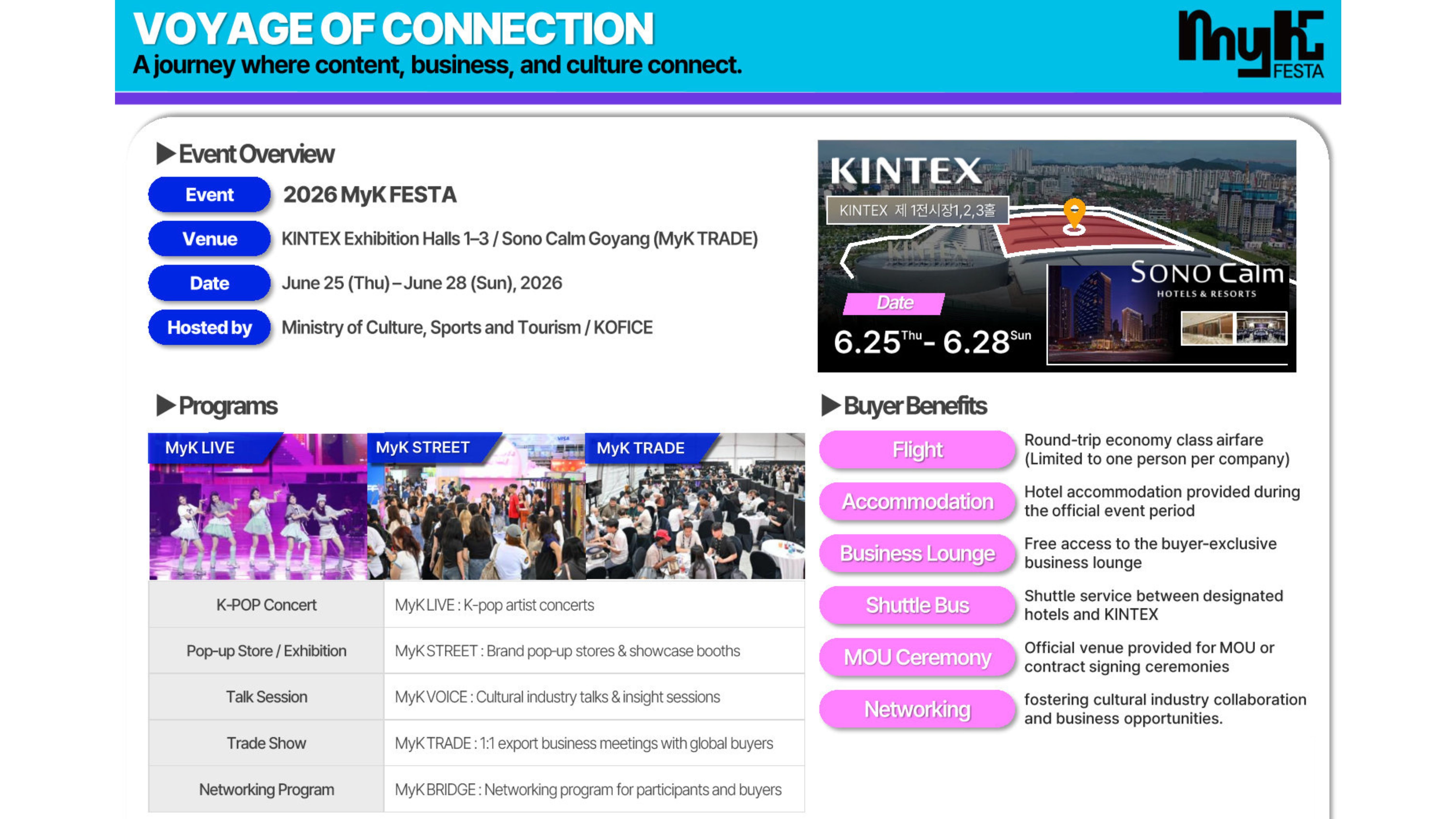 ร่วมงาน 2026 MyK FESTA วันที่ 25–28 มิถุนายน 2569 ณ KINTEX สาธารณรัฐเกาหลี เชื่อมโยงธุรกิจไทยกับอุตสาหกรรม K-Content นักลงทุน และพันธมิตรระดับนานาชาติ พร้อม Business Matching และกิจกรรมเครือข่ายธุรกิจ