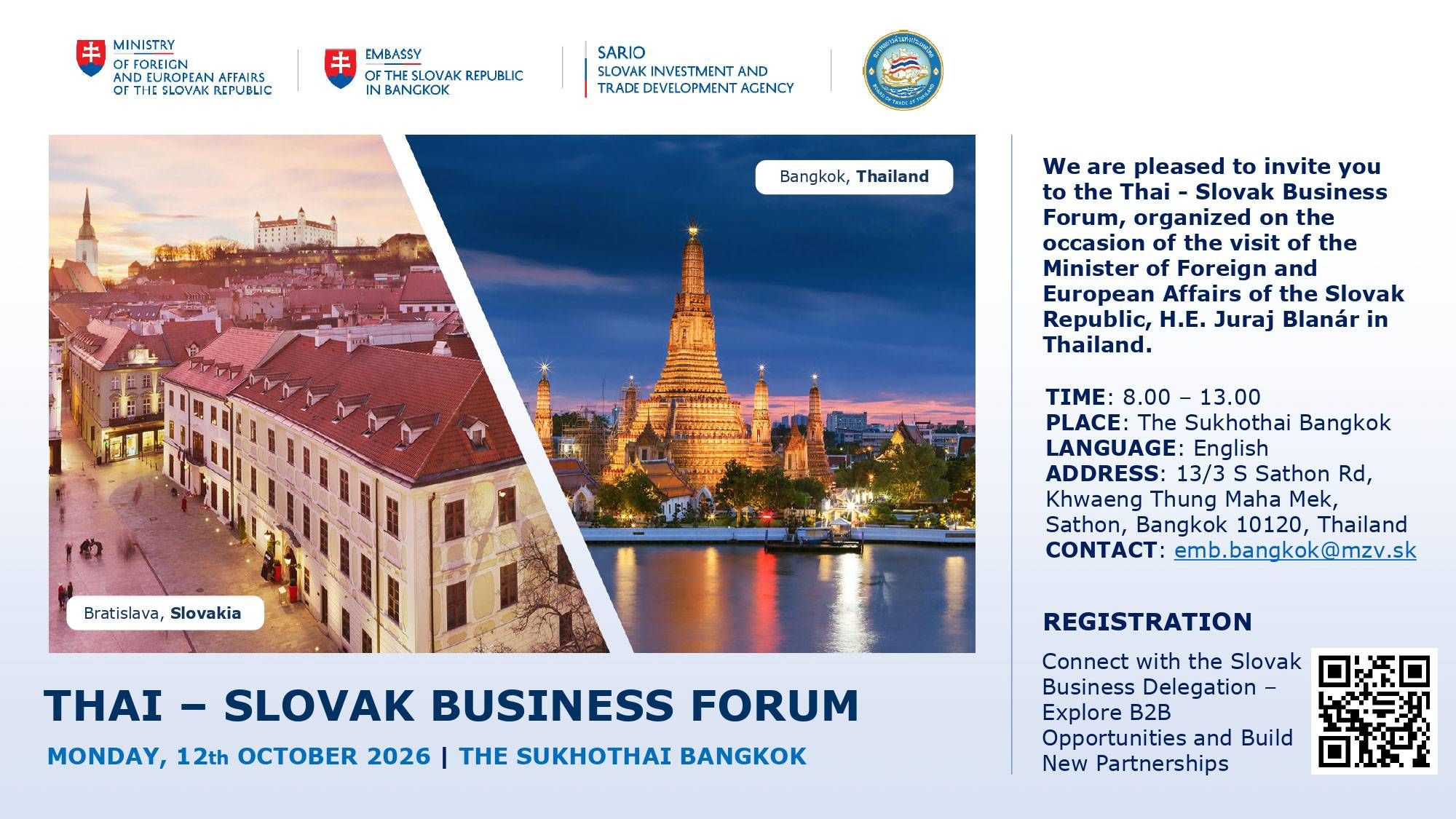 Promotional banner for the Thai-Slovak Business Forum featuring cityscapes of Bratislava and Bangkok.