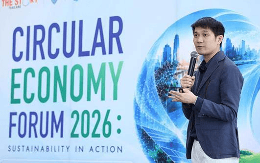 Man speaks at 'Circular Economy Forum 2026: Sustainability in Action' event.