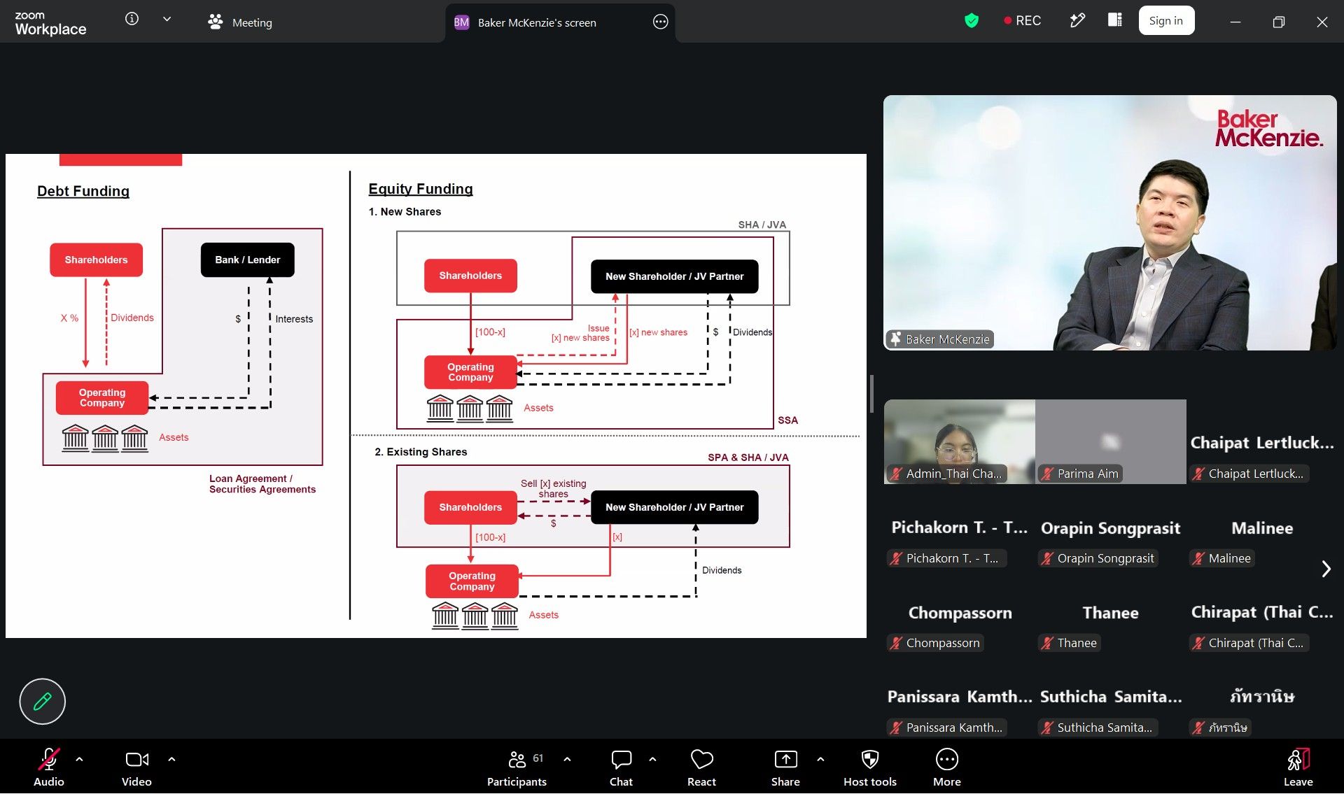 Man presenting technical diagrams on a video conference call with Baker McKenzie branding.