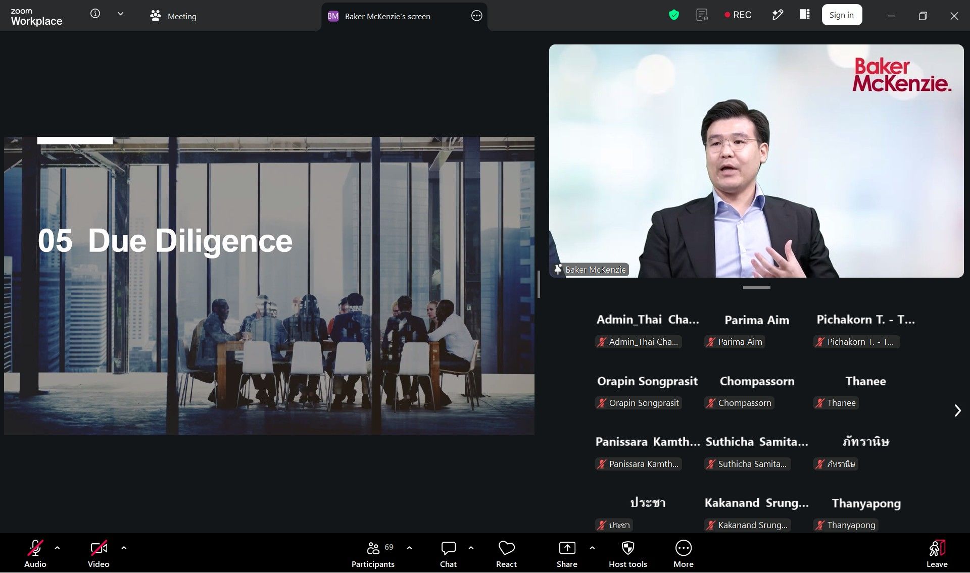 A man presents via video call, showing '05 Due Diligence' slide and Baker McKenzie logo.