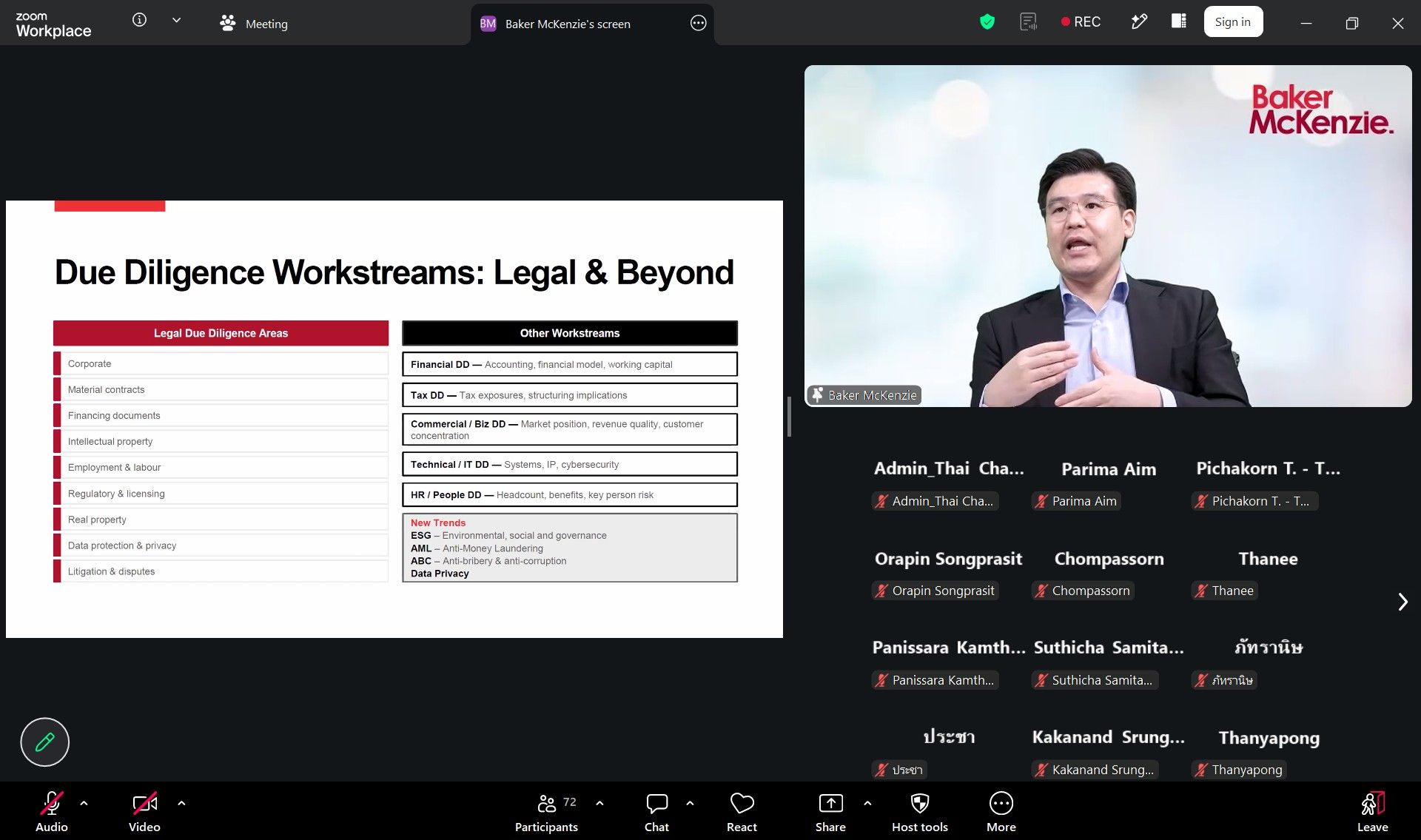 Man presents "Due Diligence Workstreams" slide in a Baker McKenzie online meeting.